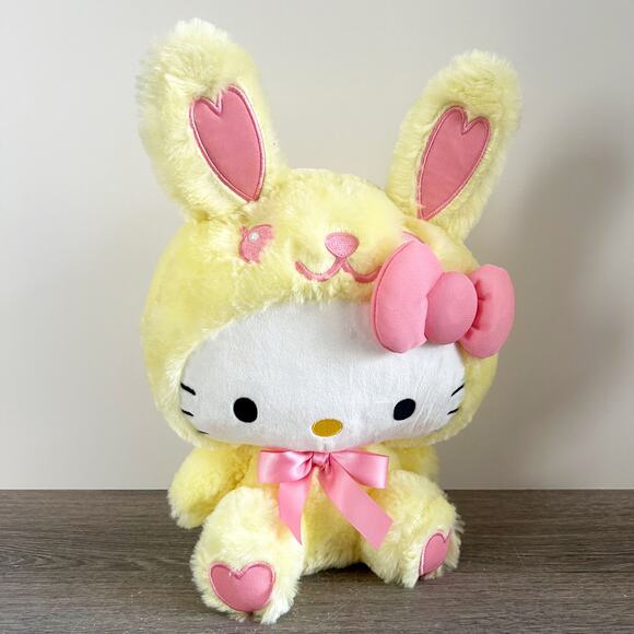 New Hello Kitty 13” in Yellow Bunny Rabbit Pink Bow & Heart Plush Sanrio 2022 - Picture 1 of 7